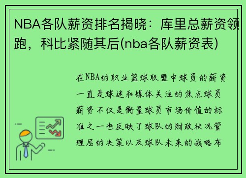NBA各队薪资排名揭晓：库里总薪资领跑，科比紧随其后(nba各队薪资表)