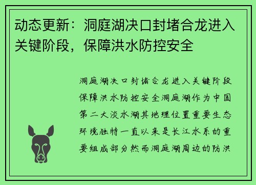 动态更新：洞庭湖决口封堵合龙进入关键阶段，保障洪水防控安全