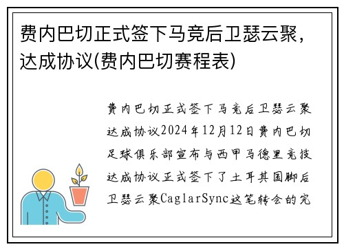 费内巴切正式签下马竞后卫瑟云聚，达成协议(费内巴切赛程表)