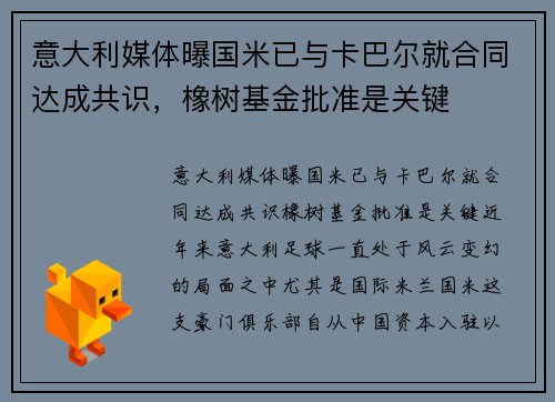 意大利媒体曝国米已与卡巴尔就合同达成共识，橡树基金批准是关键